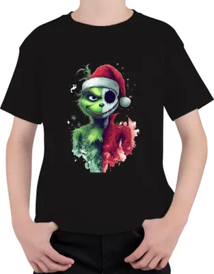 Produktbild von Weihnachtsgrinch Totenkopf halbes Gesicht düster Gothic Halloween Uni Kinder T-Shirt, Schwarz, 152