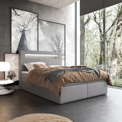 Zdjęcie produktu dla Łóżko kontynentalne podwójne ROTTWEIL – łóżko o wymiarach 180 x 200 cm z materacem typu bonell, z pojemnikiem na pościel i nakładką. Łóżko z zagłówkiem. Zagłówek z oświetleniem LED (Soft 29)