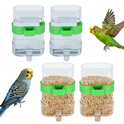 Image de Ensemble de 4 abreuvoirs et distributeurs de nourriture pour oiseaux, 220 ml, en plastique, automatiques, pour cages