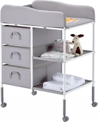 A gray baby changing station with storage drawers and shelves, shown against a white background.
