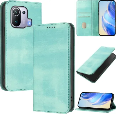 Produktbild von Handyhülle für Xiaomi 11 Pro, Vintage Leder RFID Schutz Kartenfach Standfunktion Magnetische Klapphülle Türkis