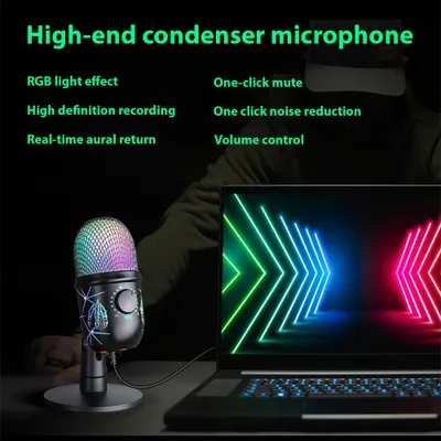 Zdjęcie produktu dla Mikrofon pojemnościowy, redukcja szumów, mikrofon do gier, laptopa, telefonu, nagrywania, transmisji na żywo, karaoke, podświetlany kondensator RGB z wyciszaniem i regulacją głośności jednym kliknięciem, obsługuje funkcję monitorowania w czasie rzeczywistym