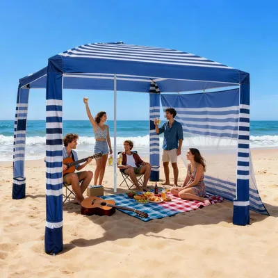 Zdjęcie produktu dla VEVOR Cabana plażowa, zadaszenie plażowe o wymiarach 2,4 x 2,4 m z bocznymi ściankami, ochrona przeciwsłoneczna UPF 50+, cabana z workami z piaskiem, przenośna osłona przeciwsłoneczna z regulacją wysokości dla całej rodziny i przyjaciół