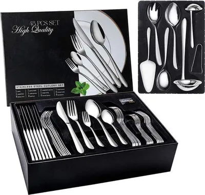 Produktbild von Unyqoos® 48-teiliges Besteckset aus 18/10 Edelstahl – poliertes Service für 8 Personen, inkl. 8-tlg. Servierbesteck, silber, spülmaschinenfest
