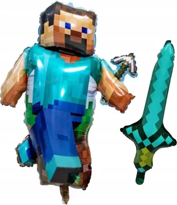 Produktbild von BALONY MINECRAFT, Folienballon, Motiv: Steve, 90 cm, Schwert, Pixel-Design, Spielzeugballon, ideal für Geburtstage, 2 Stück