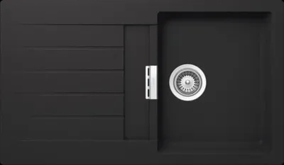 A top-down view of a black kitchen sink with a drain and a ribbed draining board.