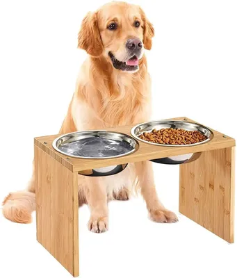 Image de Station d'alimentation pour chien - Support surélevé pour gamelles - 2 gamelles en acier inoxydable - Bambou - Dimensions : 40 x 22 x 18 cm - Bois naturel