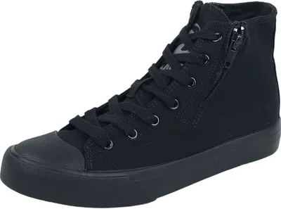 A single black high-top sneaker shown from a side-diagonal angle against a white background.