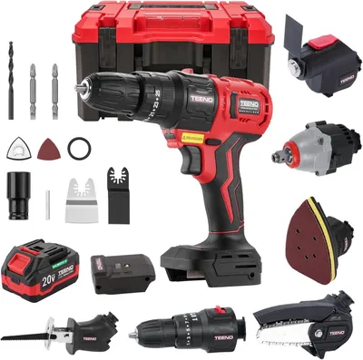 Produktbild von TEENO 8-in-1 Akku-Multifunktionswerkzeug, Akku Elektrowerkzeug Set mit Aufbewahrungskoffer, mit Bohrmaschine, Säbelsäge, Kettensäge, Schlagschrauber