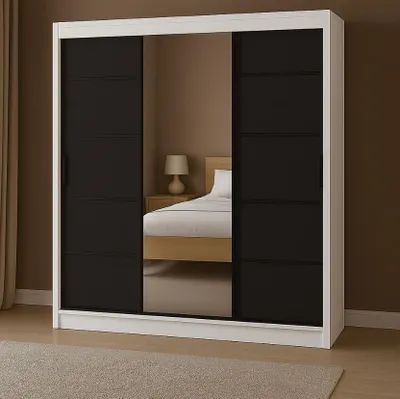 Zdjęcie produktu dla Dwukolorowa szafa przesuwna RIO-3 180 cm, BIAŁO-CZARNA, z dużym lustrem, systemem drzwi przesuwnych, półki i drążki, stabilna i modna