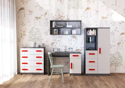 Produktbild von Kinderzimmer-Set Regal Wandregal Kommode Schreibtisch Grau/Weiß mit rote Griffe Jonas I 05