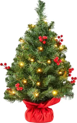 A small, decorated artificial Christmas tree on a white background.
