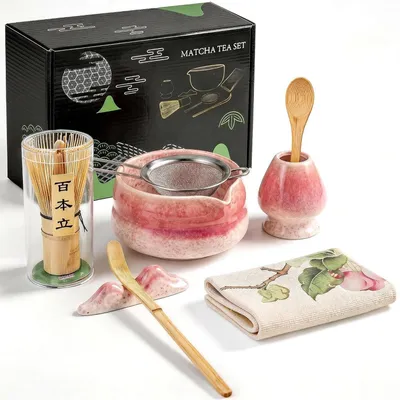 Produktbild von Matcha Set 8-teilig Keramikschale Bambusbesen Chasen Halter Löffel Sieb Tuch Rosa Farbverlauf