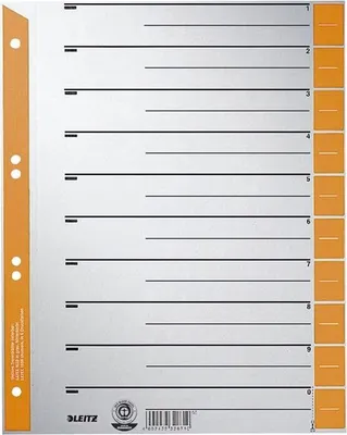 Obrázok produktu pre Leitz 1652-00-45 Rozdeľovacie listy - A4 extra široké, oranžové, farebný perforovaný okraj, 100 ks