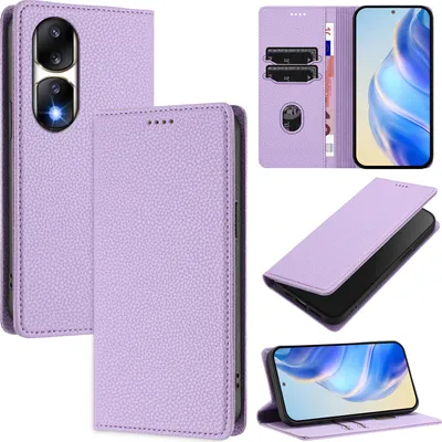 Produktbild von Litchi Leder Handyhülle für Honor 90 Pro Wallet Kartenfächer Standfunktion Hülle Violett