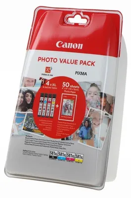 Produktbild von Canon CLI-581XL BK/C/M/Y Tinte mit hoher Reichweite + Fotopapier Value Pack, Schwarz, Cyan, Magenta, Gelb, 8,3 ml, 8,3 ml, 520 Seiten, Multipack