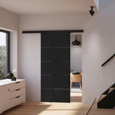 Produktbild von inova Glasschiebetür 900 x 2035 mm, Blockstreifen Schwarz, Komplettset mit Stabgriff, Softclose beidseitig, KI-generiertes Bild
