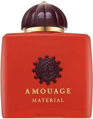 A product shot of a red perfume bottle with a brown cap.
