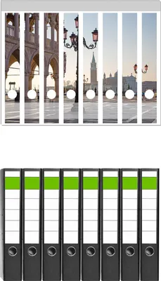 Produktbild von Wallario 8 Stück schmale Ordner inkl. Klebeetiketten mit Motive Venedig - Dogenpalast, Markusplatz und San Giorgio Maggiore II -  Set mit Rückenschildern / Ordnerrücken Stickern