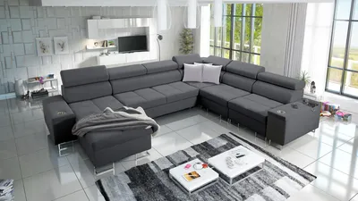 Produktbild von Riesensofa XXL Sofa Wohnzimmer Couch MOREN VIII Big Sofa Ecksofa Ottomane Links Eckcouch mit Schlaffunktion Grau Stoff SAWANA 96