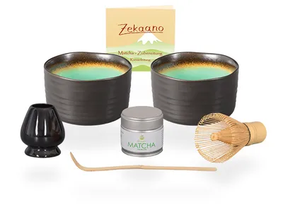 Produktbild von Matcha Set / Matchaset / 2x Matcha Schale 500ml anthrazit/türkis, mit Besen/Löffel/Halter und Tee