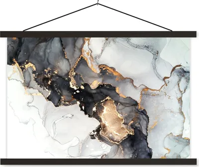 Produktbild von MuchoWow® Textilposter Marmor - Schwarz - Weiß - Gold - Luxus - Abstrakt 60x40 cm mit schwarzem Rahmen - Hölzernes