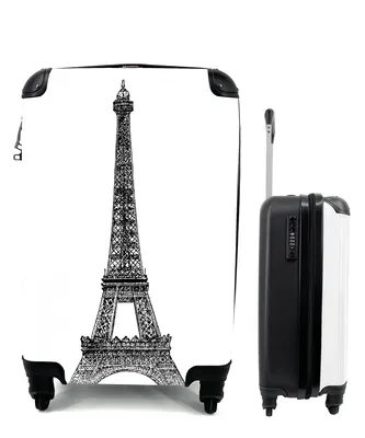 Produktbild von MuchoWow® Koffer Handgepäck Trolley Rollkoffer Kleine Reisekoffer mit 4 Rollen - Eine Illustration des Eiffelturms in schwarz-weiß - Cabin Size < 55x40x23 cm & 55x40x20 cm - Fotokoffer - Kabinenkoffer - Boardgepäck - Reise-Box - Reisekoffer - Reisegepäck - Koffer mit Bild - Trolley für Kinder