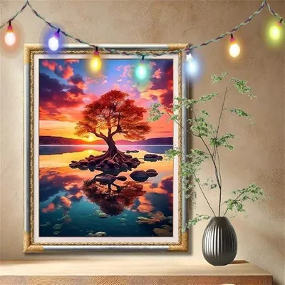 Imagen del producto de Kit de pintura con diamantes 5D para adultos, tamaño grande 90x120 cm, diseño de atardeceres y árboles. Kit de pintura con diamantes, bordado de cuentas de cristal, ideal para niños, para decorar paredes de dormitorios, manualidades. Modelo 59N-1918