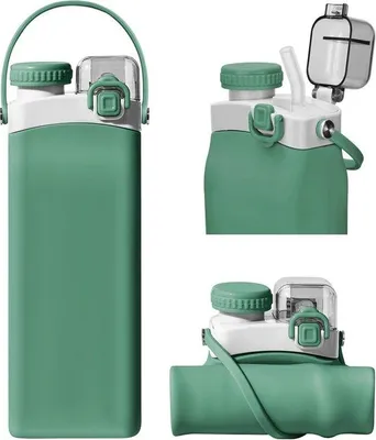Produktbild von -freies, 600 ml, wasserdichtes Sportflaschen Set aus Silikon für Reisen, Wandern, Fitness, Schule und Wochenendurlaub (Grün)