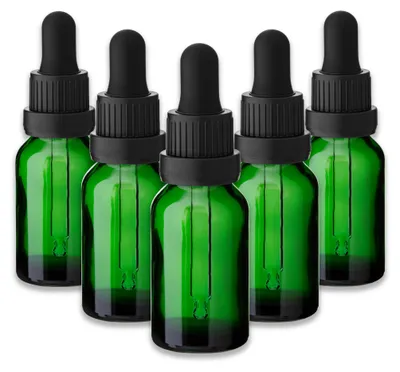 Produktbild von 5x Grüne Glasflasche 15 ml mit Pipette und schwarzem Verschluss 18/415