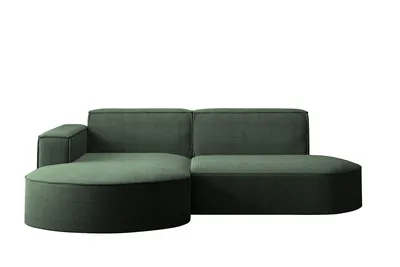 A modern, modular sectional sofa in a deep green corduroy fabric, shown against a white background.