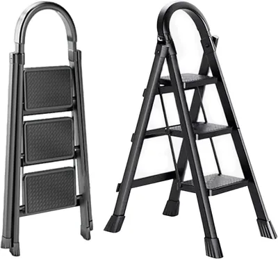 Produktbild von Faltbare Treppe - Aufstiegshilfe mit Handlauf - Sicheres Arbeiten im Haus - Rutschfeste, breite Stufen - 3 Stufen - Schwarz