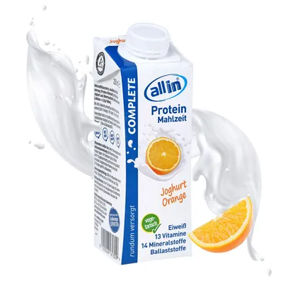 Produktbild von all in® COMPLETE Protein Drink Joghurt Orange 14x 200ml - Hochkalorische Trinknahrung auf Joghurt-Basis | Protein Shake | Mahlzeit | Gewichtszunahme