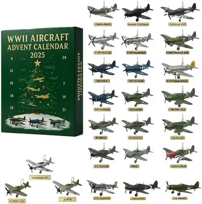 Image de Calendriers de l'Avent - Calendrier de l'Avent 2025 sur les avions WO2 - 24 jours de modèles emblématiques d'avions de guerre - Calendrier de l'Avent de Noël 2025 - 24 décorations d'avions à réaction - Décorations de Noël - Parfait pour les collectionneurs - Décorations de fête - Cadeau de Noël