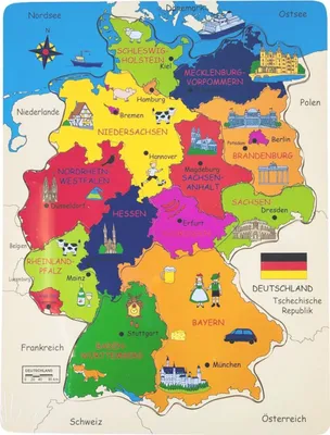 A colorful map of Germany with its states labeled and illustrated with iconic landmarks and symbols.