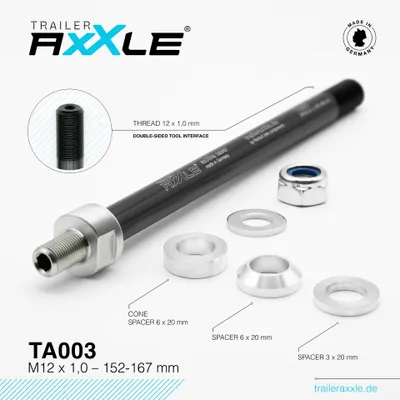 Produktbild von Trailer AxXle TA003 - Die Achse für Fahrrad Kinderanhänger : M12x1,0 : 152-167 mm Achslänge: 152-167 mm Gewinde: M12x1,0