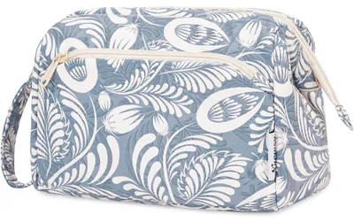 Productafbeelding van Dames toilettas met ruim, open ontwerp, blauw met bladmotief, 21,5 x 16 x 11 cm