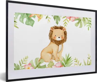 Produktbild von MuchoWow® MuchoWow® Gerahmtes Poster Löwe - Dschungel - Pflanzen - Blumen 60x40 cm - Poster mit zchwarzem Bilderrahmen - Schlafzimmer - Plakat in Rahmen - Drucken