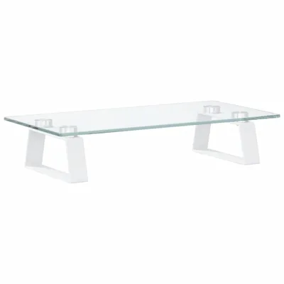 A white monitor stand with a clear glass top and white metal legs, isolated on a white background.