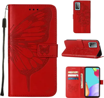 Produktbild von Galaxy A52 4G Hülle, Schmetterling Prägung Flip Leder Kartenfächer Schutzhülle Ledertasche mit Ständer für Samsung Galaxy A52 4G / 5G / A52S 5G Rot