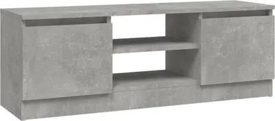 A concrete-effect TV stand with two cabinets and two open shelves.