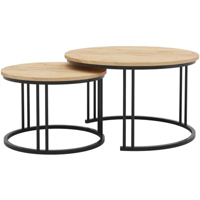 Produktbild von BEAUTYSOFA | Couchtisch LOTTE 2er-Set rund – Wohnzimmertisch mit schwarzem Metallgestell & Tischplatte Eiche Gold – Satztisch Ø75/58 cm