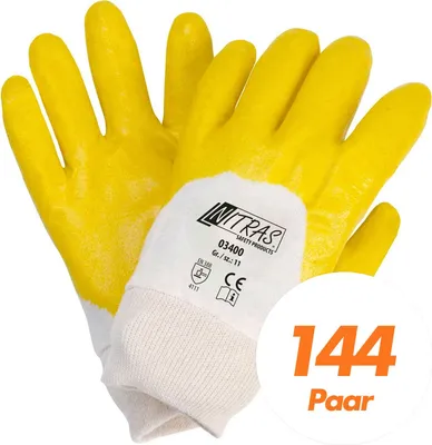 Produktbild von NITRAS 03400 Nitrilhandschuhe mit Strickbund gelb - teilbeschichtet auf Baumwoll-Trikot Handschuh - VPE 144 Paar Größe:11