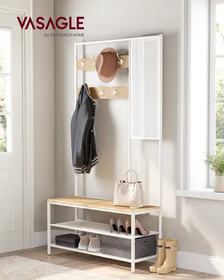 Produktbild von VASAGLE Kleiderständer, Garderobe, Garderobenständer mit Haken, Spiegel, Sitzbank, 35 x 98 x 180 cm, für Eingangsbereich, Schlafzimmer, Wohnzimmer, Industrie-Design, Eichenfarben-Weiß HSR415W01