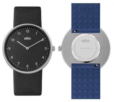 Produktbild von Braun 2-Zeiger-Quarz-Analoguhr, schwarzes Zifferblatt und schwarzes Lederarmband mit zusätzlichem blauen Silikon-Kautschukarmband, Schnellverschluss-Federstege, 38 mm, Modell BN0281BKBLG