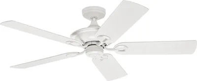 A white ceiling fan with five blades is shown against a white background.