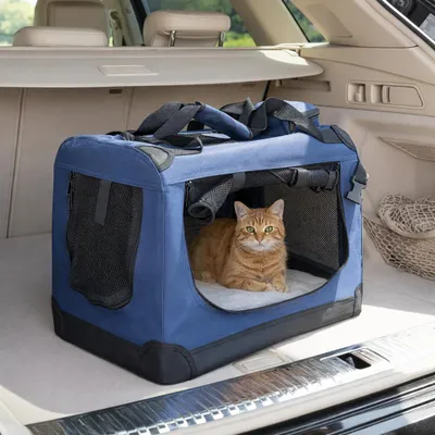 Produktbild von belviona Katzentransportbox, leichte & stabile Transporttasche Katzen, faltbar mit Mesh-Fenstern, Innenkissen & Taschen, 50x34x36 cm, marineblau