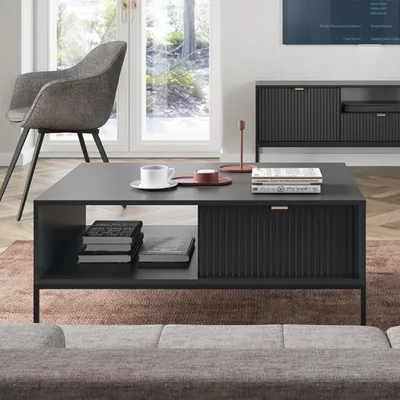 Obrázek produktu pro Konferenční stolek NANAIMO - černý - zlaté úchyty - se zásuvkou - šířka 104 cm, výška 48 cm, hloubka 68 cm