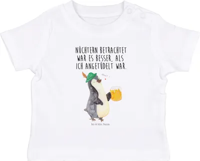 Produktbild von Mr. & Mrs. Panda Babyshirt Pinguin Bier 6. - 12. Monat - Weiß - Geschenk, , Organic Baby Shirt, , Angetüdelt, Oberteil, Beschwippst, T-Shirt