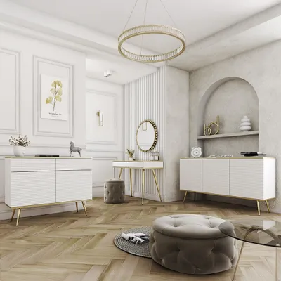 Produktbild von Wohnzimmer Set 3-teilig mit Sideboard und Schminktisch in Weiß, Rillenfront & goldenen Highlights - OLOVO-160